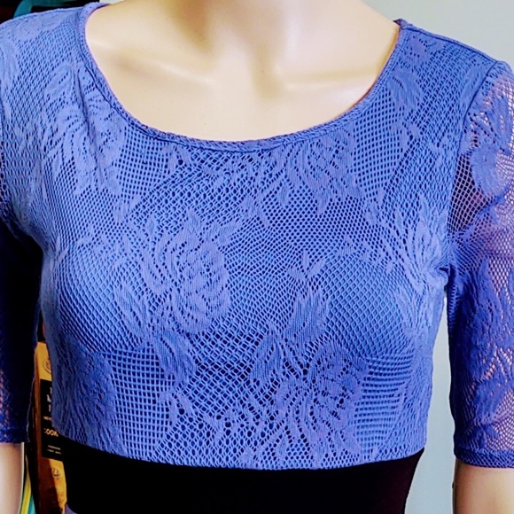 VTG GUESS Purple Lace Black Waistband Overlay Skater Mini Dress Rayon/Spandex XS - Picture 14 of 15